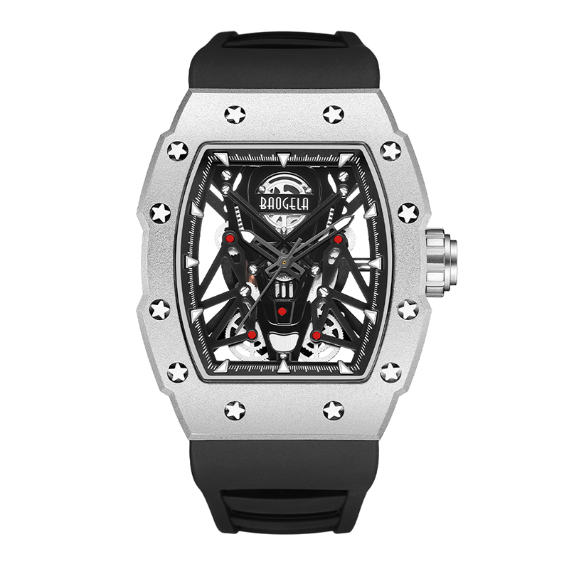 Baogela Silver Black Sport Quartz Watch for Men Tonneau Dial นาฬิกาข้อมือกันน้ำแบบอะนาล็อกกับสายไฟซิลิโคน Luminous Hands 4145